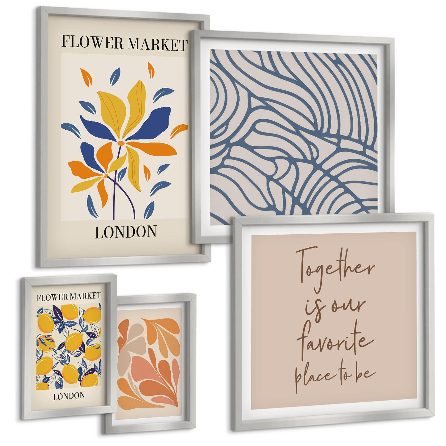 BILDER SET 5er Set - 50x50 cm & 20x30 cm & 40x60 cm Silberner Rahmen - Moderne abstrakte Blumen - Silberfarben, Kunststoff (40/60cm) - TULUP