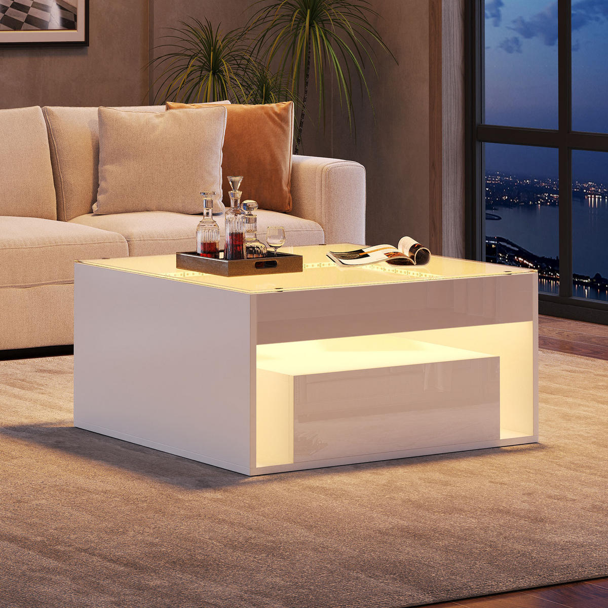 COUCHTISCH in Weiß Kaffeetisch mit 2 Schubladen, LED & gehärtetem Glas, Hochglanz, für Wohnzimmer, B70/T70/H35cm - Weiß, Glas/Holzwerkstoff (70/70/35cm) - STILVORA
