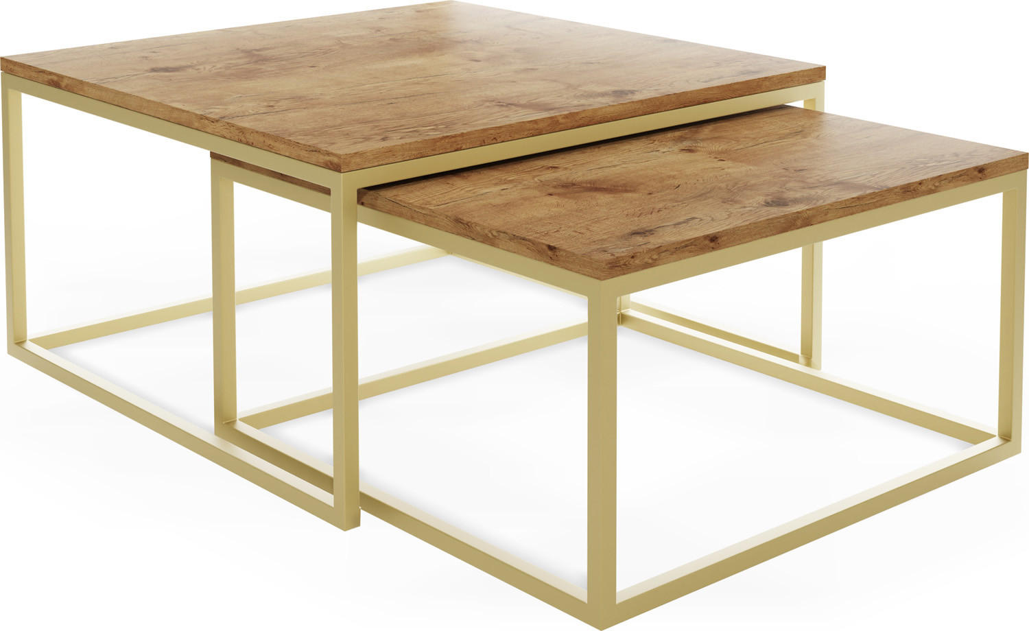 COUCHTISCHE Vella Gold 2er-Set quadratisch, Lancelot Eiche 76/76/39cm + 66/66/34 cm - Eichefarben/Goldfarben, Holzwerkstoff/Metall (76/76/39cm) - WFL GROUP