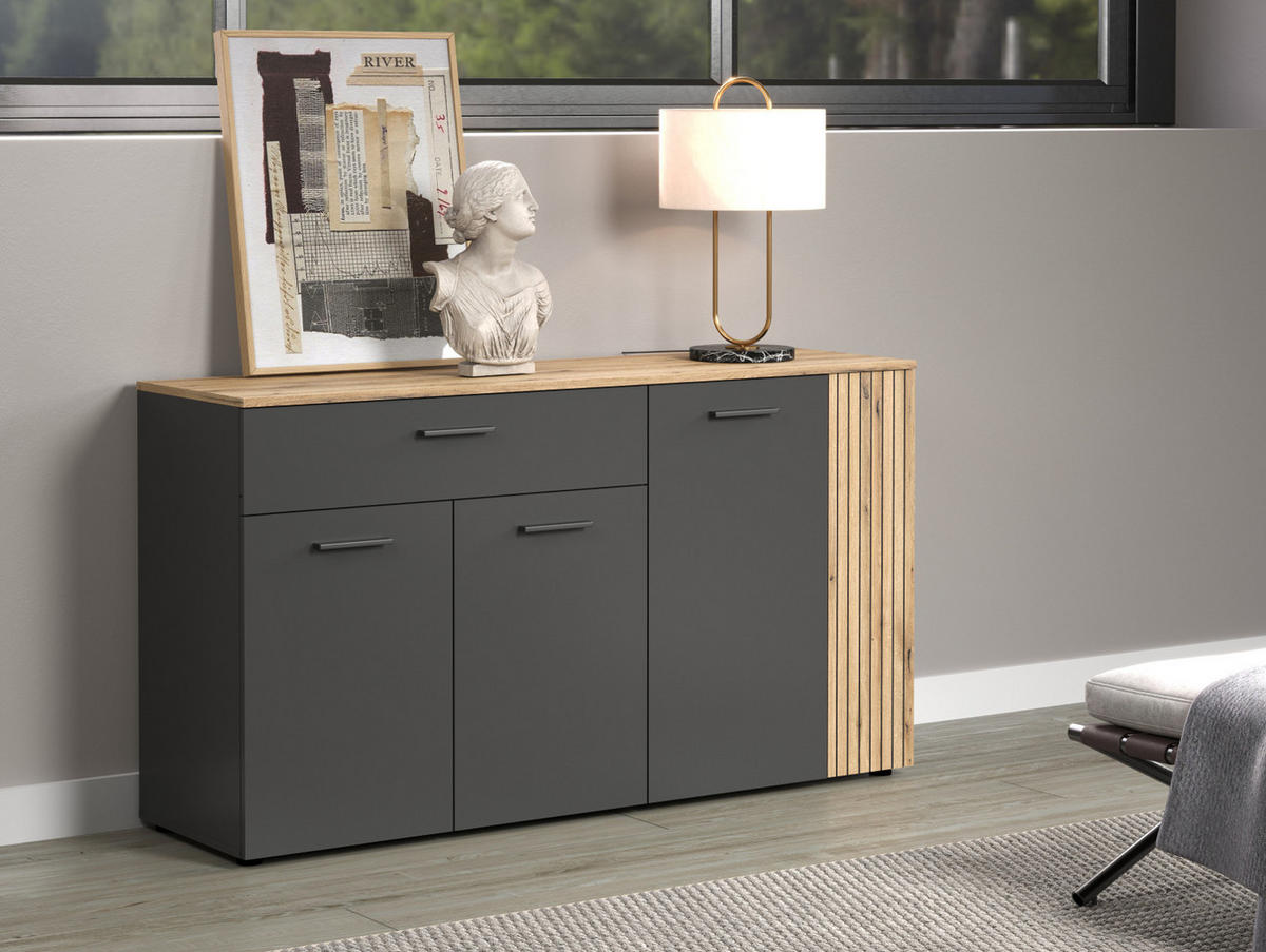 SIDEBOARD grau, Evoke Eiche 150 cm, Kommode 4-türig - Eichefarben/Schwarz, Holzwerkstoff/Kunststoff (150/83/32cm) - Top.Furn