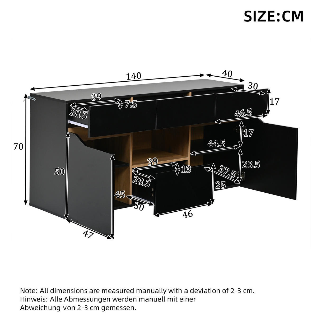 SIDEBOARD aus Spanplatte 140x40x70 cm Schwarz/Naturholz mit LED-Beleuchtung, 4 Schubladen, 2 Schränken und Hochglanz-Front - Schwarz, Holzwerkstoff (140/70/40cm) - Modfu
