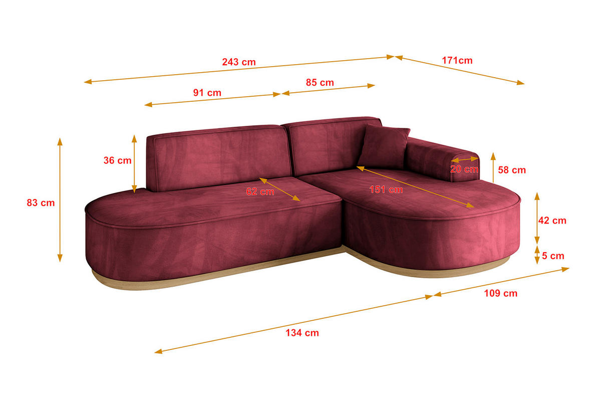 ECKSOFA Ottomane Rechts MARI-L1-v2 - 243x171x83 cm Bordeaux Velours - Bordeaux, Holzwerkstoff/Textil (171/243cm) - ALTDECOR