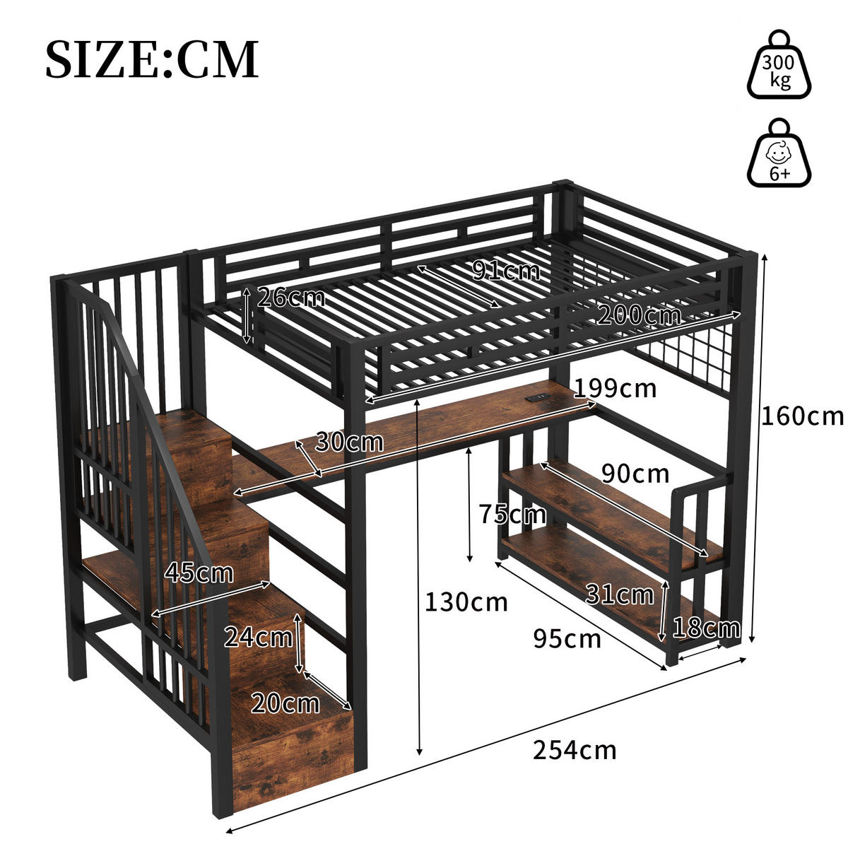 PATROVÁ postel 90/200 cm černá z kovu a MDF s psacím stolem - černá, kov (90/200cm) - OKWISH