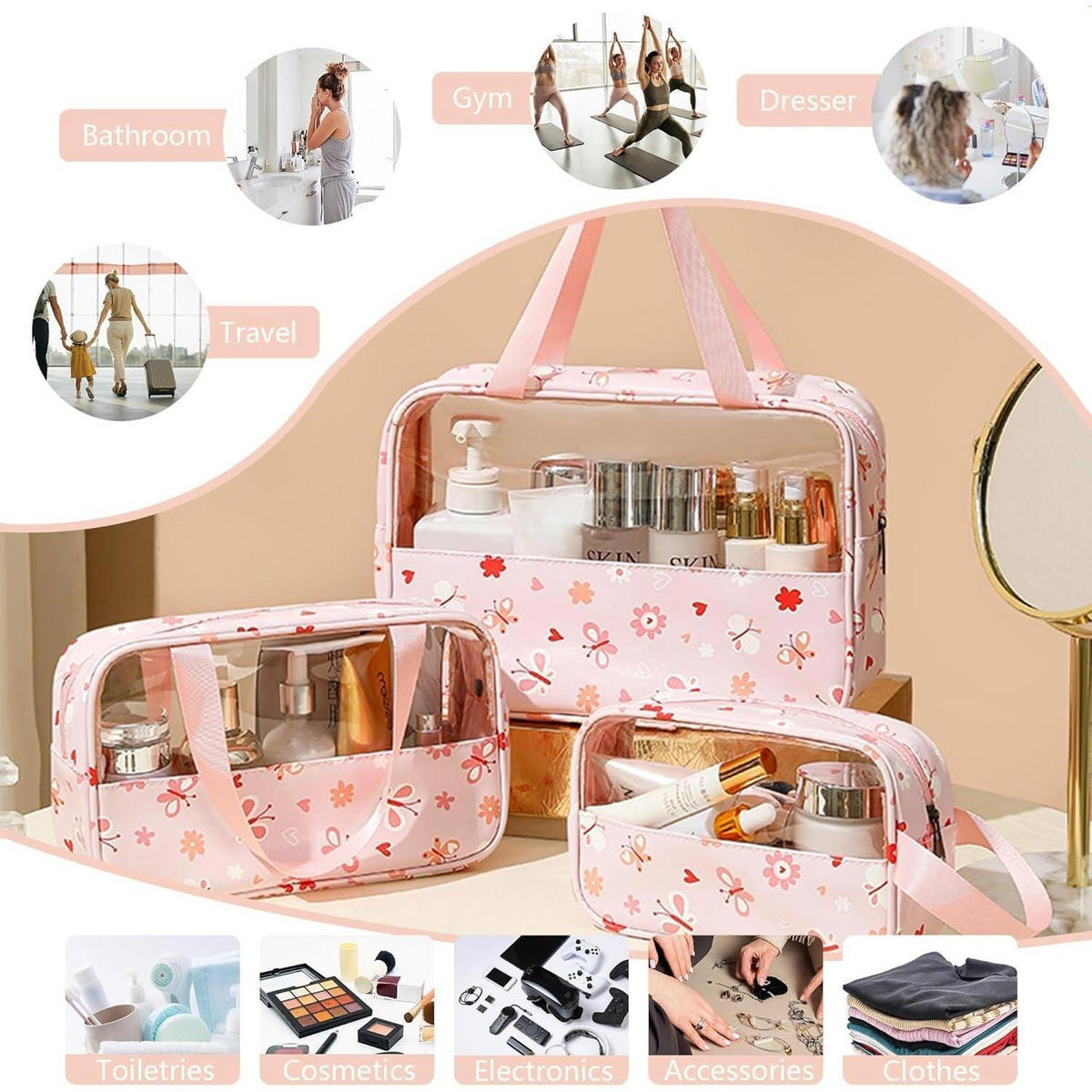 KULTURTASCHE 3-teiliges Set Transparent Rosa - Rosa, Kunststoff (21/10/30cm)
