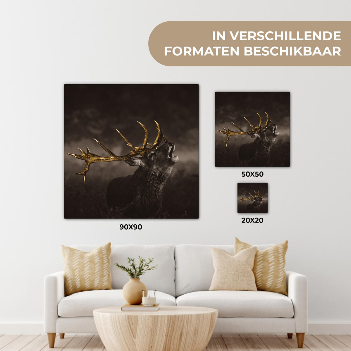 LEINWANDBILD Rotwild - Schwarz - Gold 50x50 cm - Braun, Textil (50/50cm) - MuchoWow