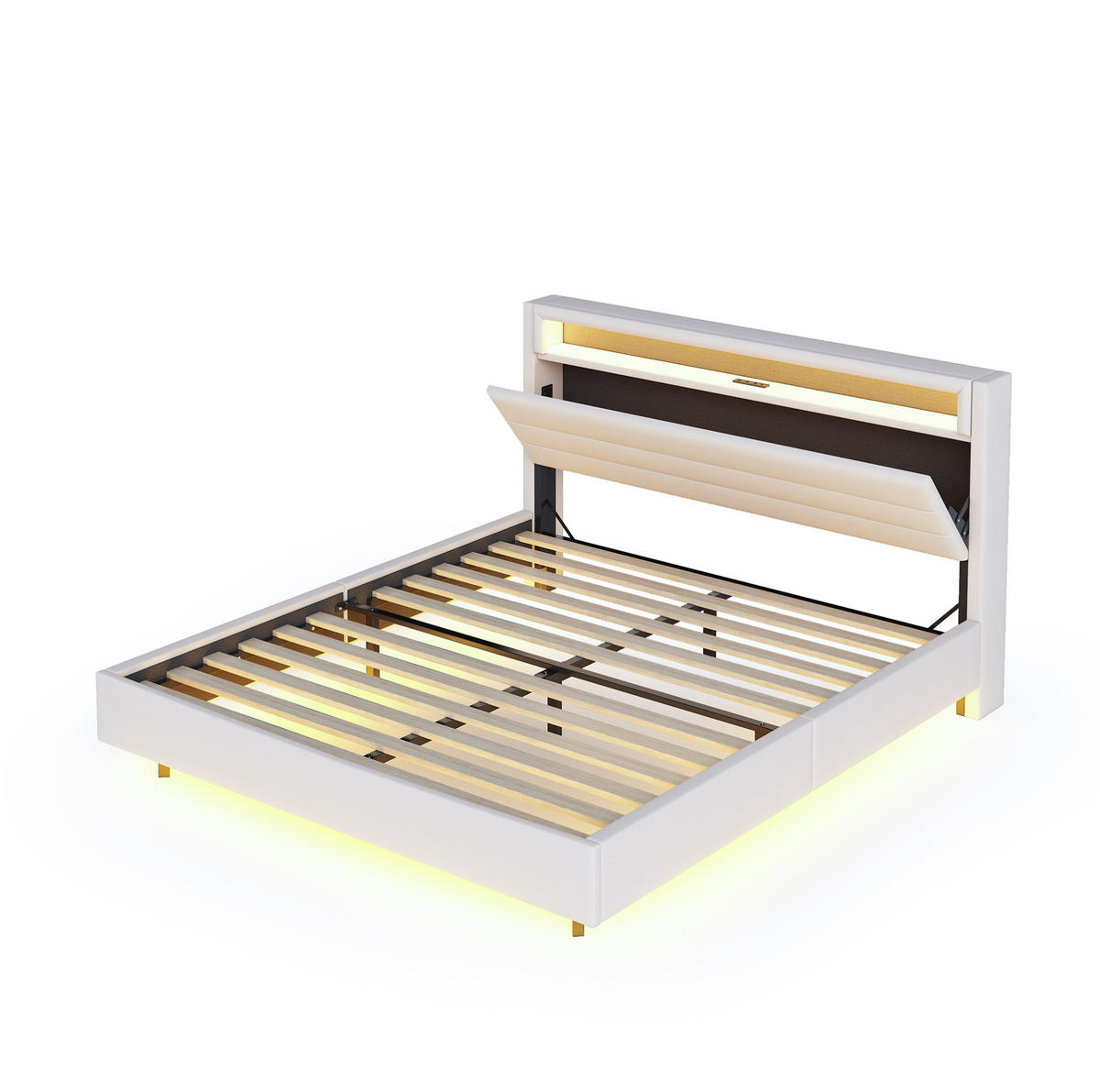 POLSTERBETT 140/200 cm mit LED-Beleuchtung, USB-Anschluss und Stauraum im Kopfteil - Beige, Textil (140/200cm) - BEAOK