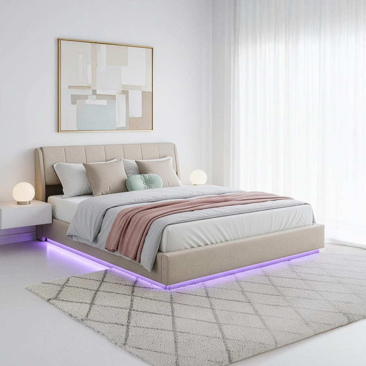 LED ČALOUNĚNÁ POSTEL Tröstiar - béžová, kov/kompozitní dřevo (180/200cm) - [en.casa]