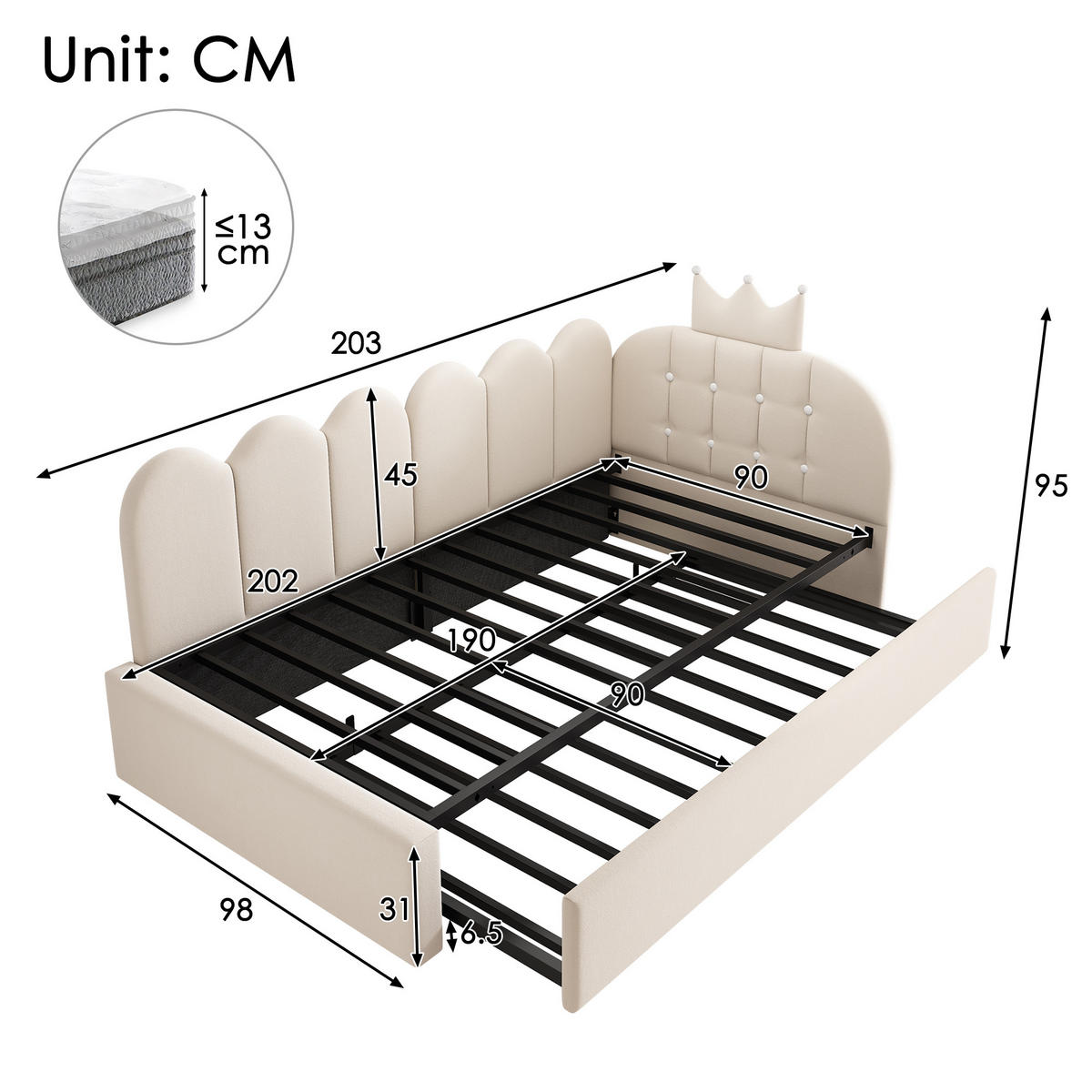 AUSZIEHBETT 90/190-200 cm DE-00312, in Beige, Gitter Design - Beige, Metall (90/200cm) - ComfortXL