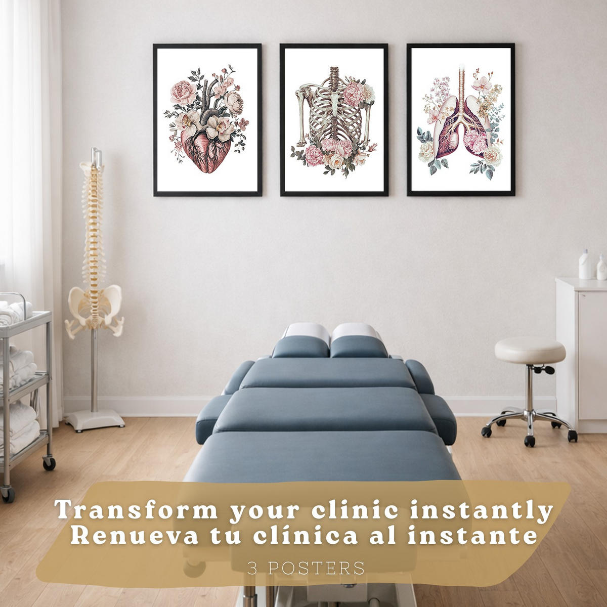 POSTER Set aus 3 Anatomie Florale Drucke und Wandbilder mit Herz Brustkorb und Lungen Detaillierter Illustrationsstil Größe Schwarzer Rahmen A4 - Schwarz, Papier (21/29.7/3cm) - Nacnic