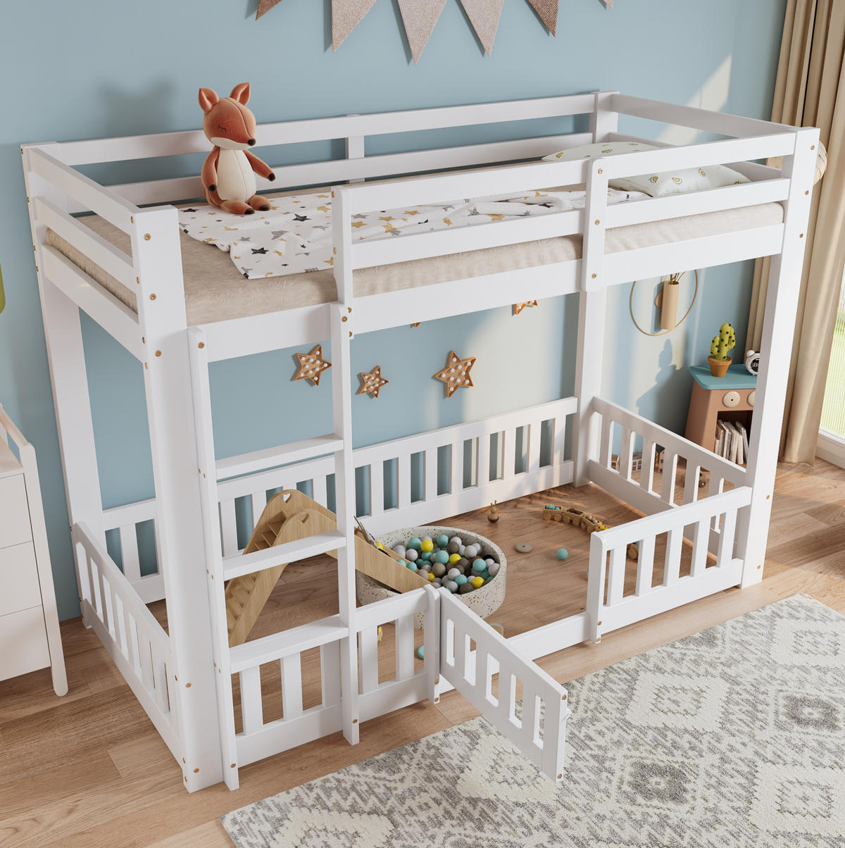 ETAGENBETT 90/200 cm weiß aus Kiefer/LVL mit Treppe und Tür - Weiß, Holzwerkstoff (90/200cm) - OKWISH