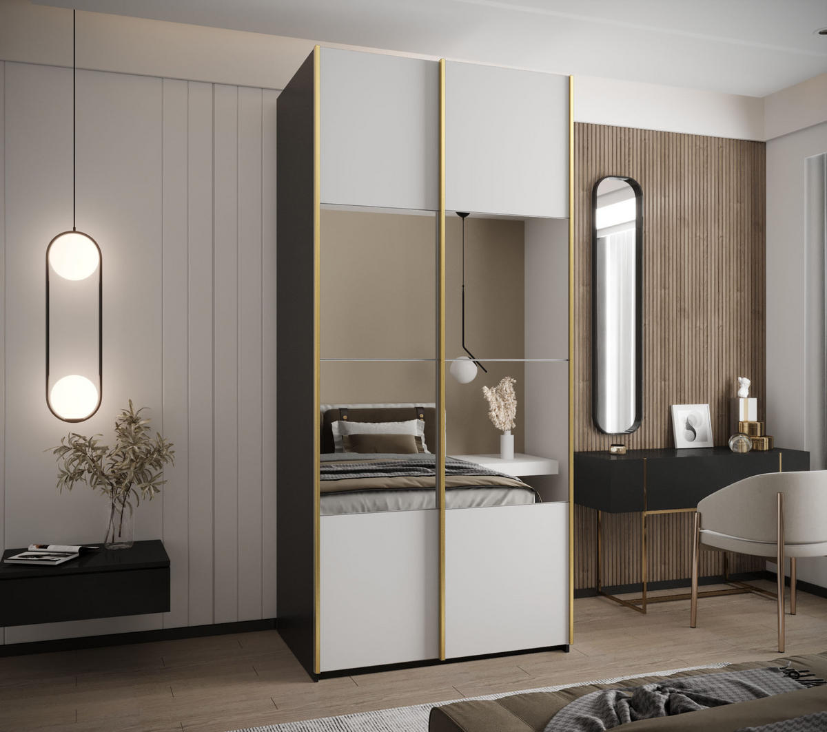 SCHWEBETÜRENSCHRANK 245,5/100/64 2-türig - Goldfarben/Schwarz, Holz/Metall (100/245/64cm) - Abiks Möbel