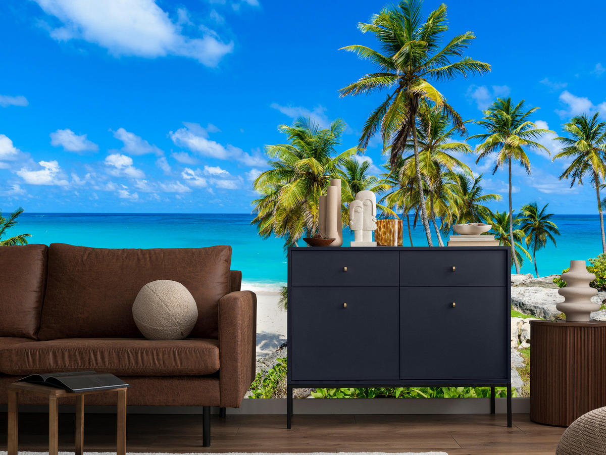 FOTOTAPETE Strand Palmen Ozean Landschaft 3D 250x175 - Blau/Beige, Papier (250/175cm) - Muralo