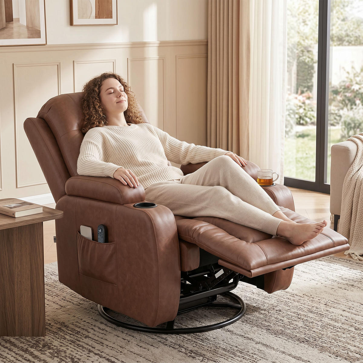 MASSAGESESSEL,MANUELL 150° Wärme Fernbedienung Getränkehalter PU-Leder,hellbraun - Braun, Leder (85/104/94cm) - Vallsero