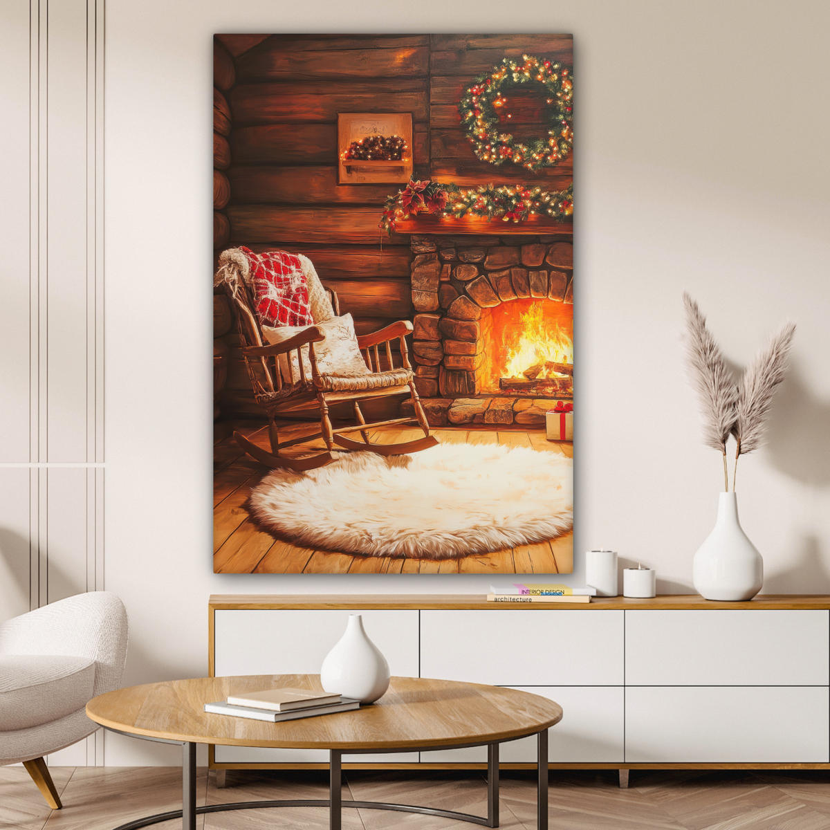 LEINWANDBILD Winter - Weihnachten - Zuhause - Kamin 90x140 cm - Bernsteinfarben, Textil (90/140cm) - MuchoWow