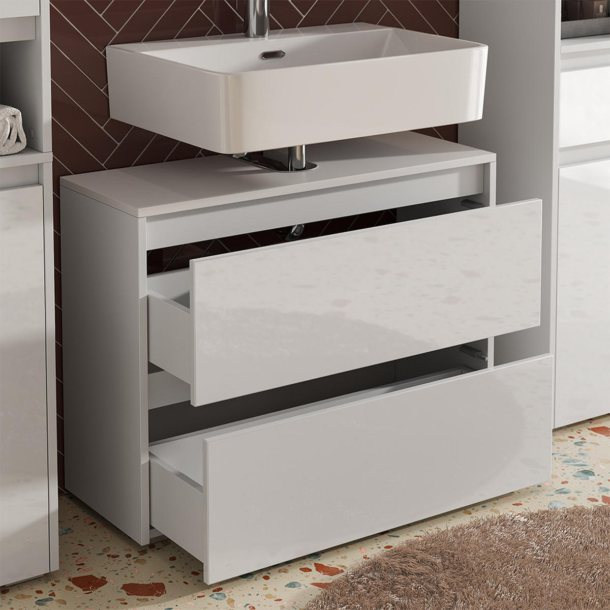 BADMÖBEL-SET Majest Weiß/Weiß Hochglanz 4 Teile - Weiß Hochglanz, Holzwerkstoff (30.2/96.3/30cm) - Vicco