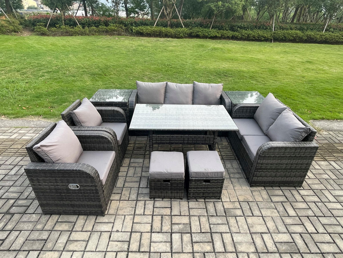 Gartenmöbelset mit Esstisch,3-Sitzer Sofa,2 Hockern,2 Beistelltischen Polyrattan Dunkelgrau 9-Sitzer - Dunkelgrau/Grau, Glas/Kunststoff - Fimous
