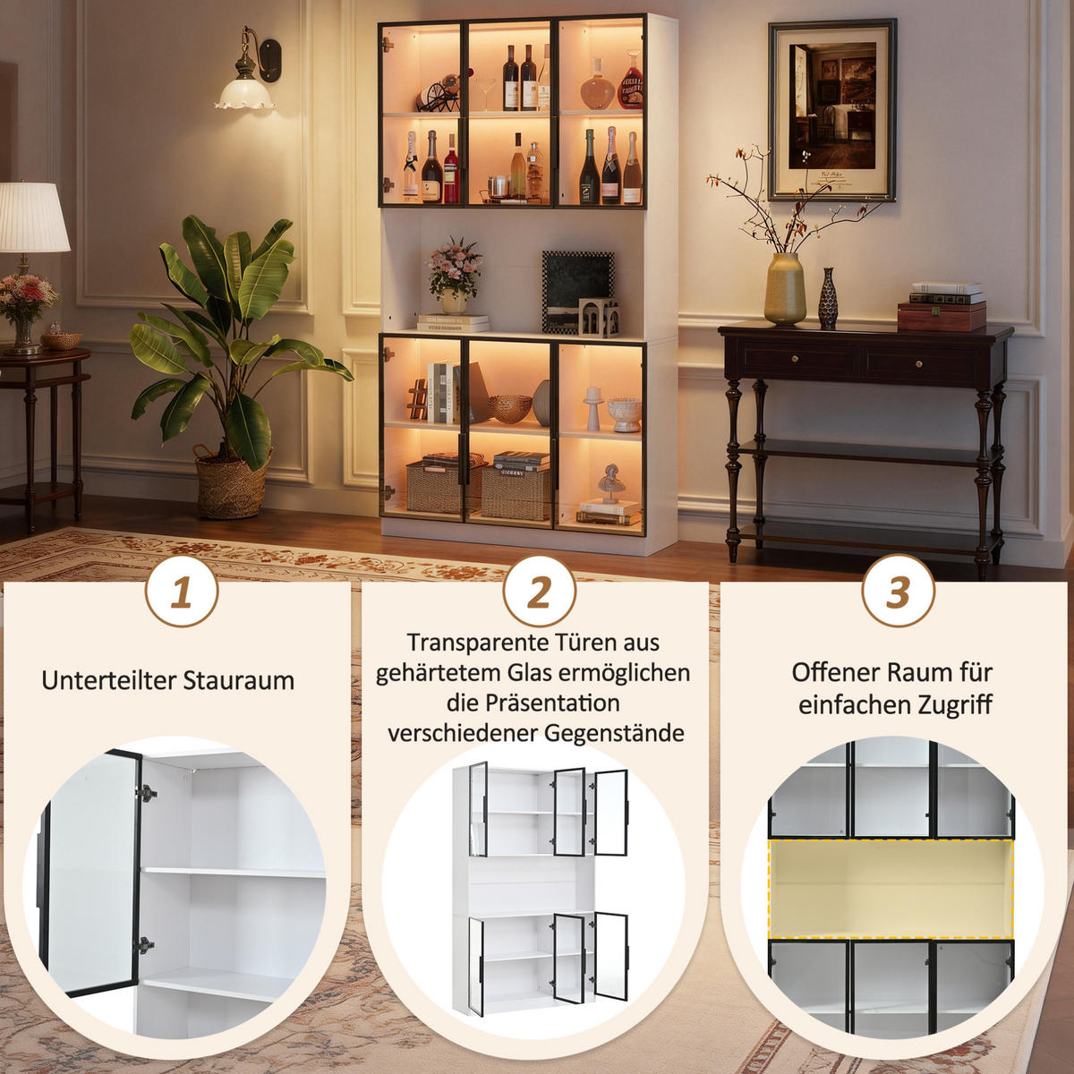 VITRINE 120/34/200 cm aus MDF und Glas mit 6 Türen, LED-Beleuchtung und Soft-Close, Weiß - Weiß, Holzwerkstoff (120/200/34cm) - Redom