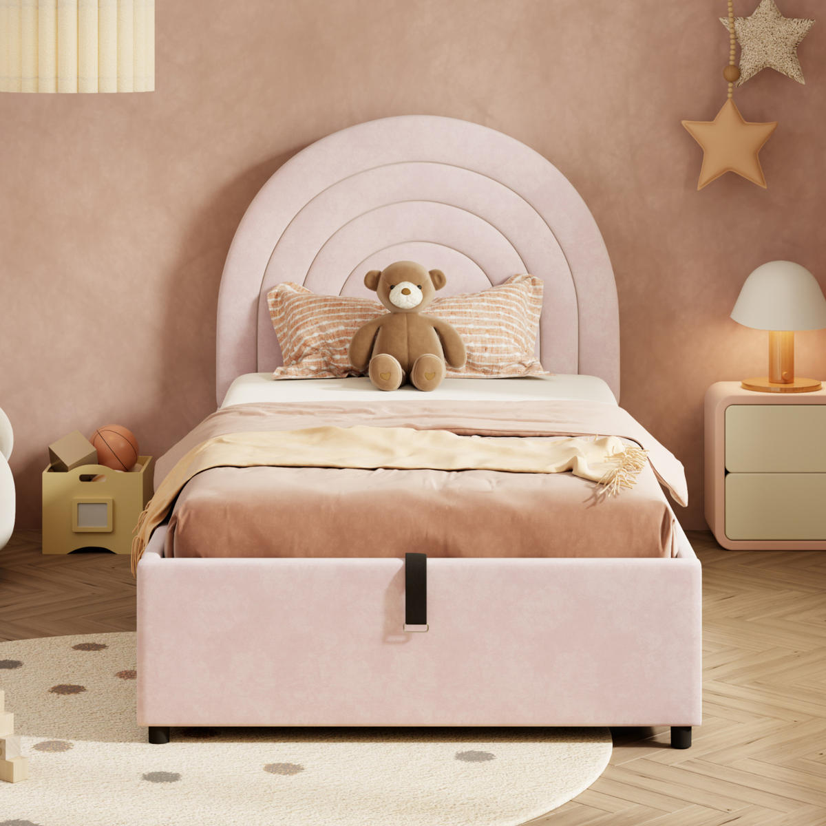 KINDERBETT 90/200 cm mit hydraulischem Bettkasten, Samtbezug und gepolstertem Kopfteil, Pink - Rosa, Textil (90/200cm) - Redom