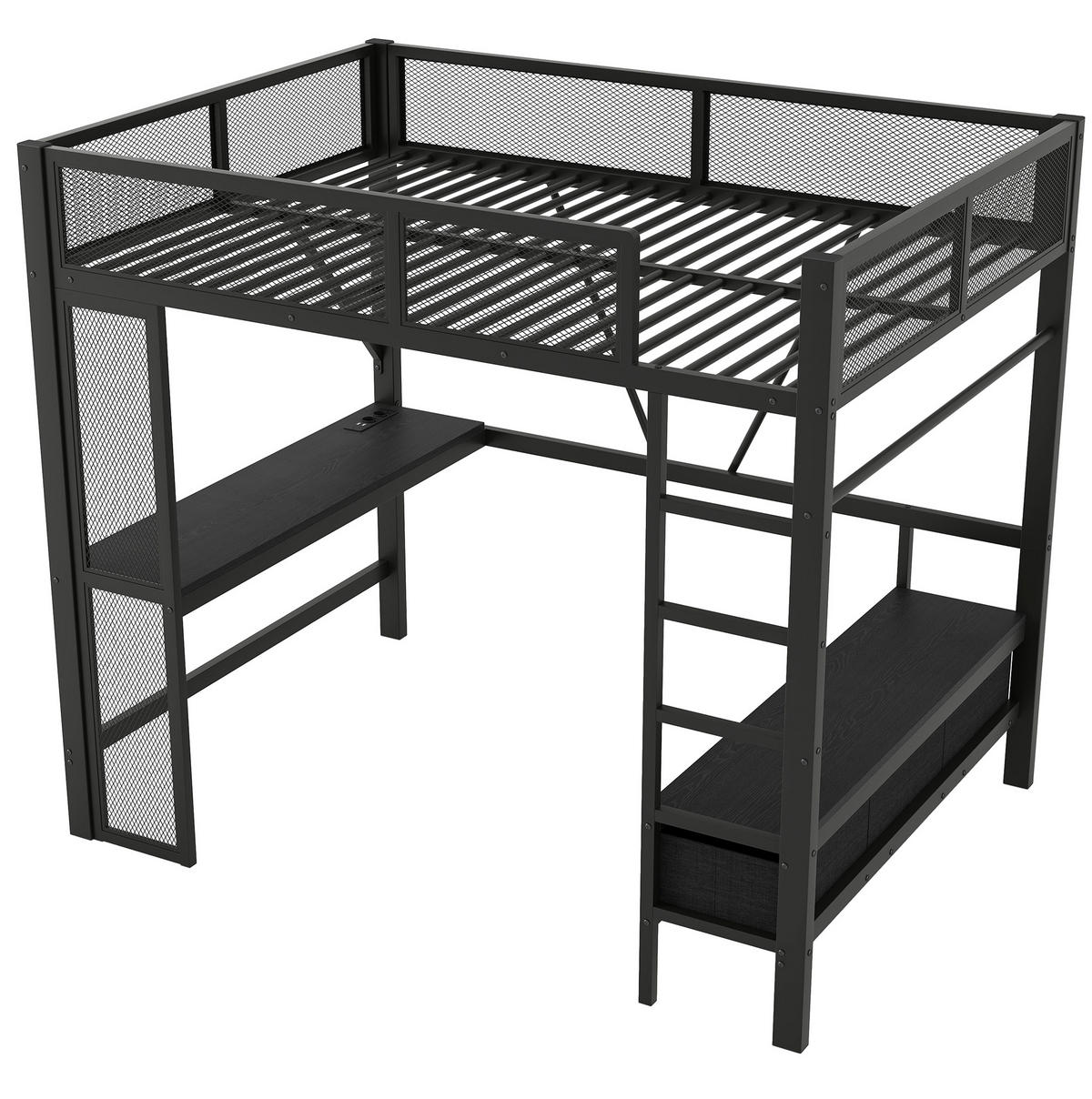 HOCHBETT 140/200 cm aus Metall und MDF mit Schreibtisch, LED und offenem Kleiderschrank Schwarz - Schwarz, Holzwerkstoff (140/200cm) - Modenvie