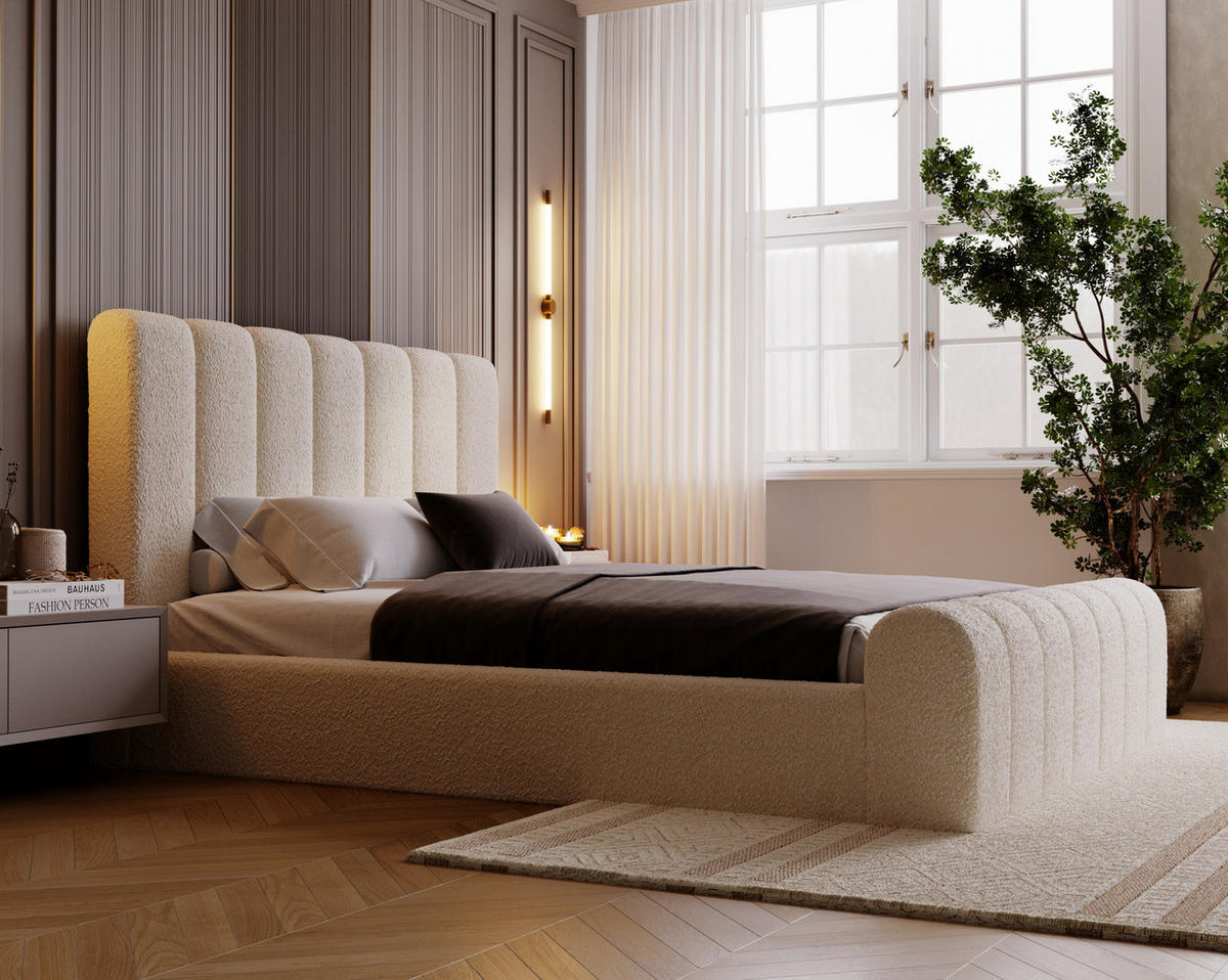 POLSTERBETT 140x200 Valetta mit Bettkasten, Bouclé Creme - Creme, Holz/Textil (140/200cm) - Emporius