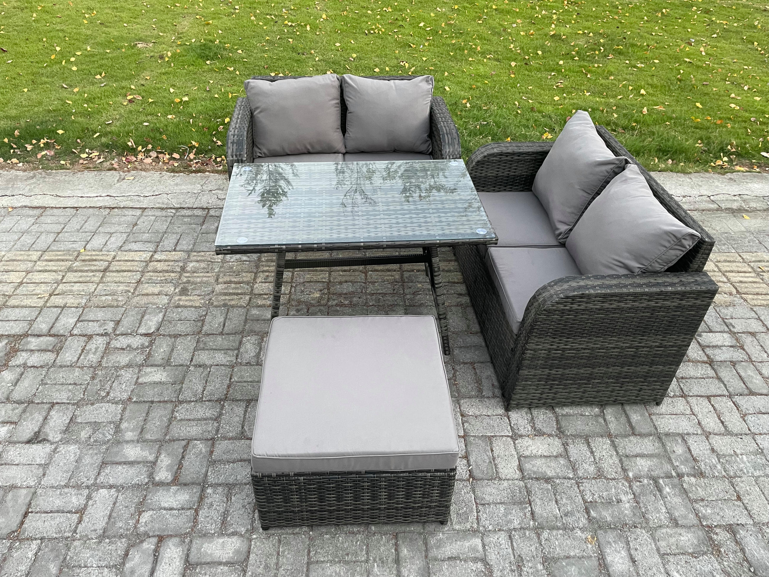BALKONSET mit ESSTISCH SOFA Polyrattan Dunkelgrau 5-Sitzer - Dunkelgrau/Grau, Glas/Kunststoff - Fimous