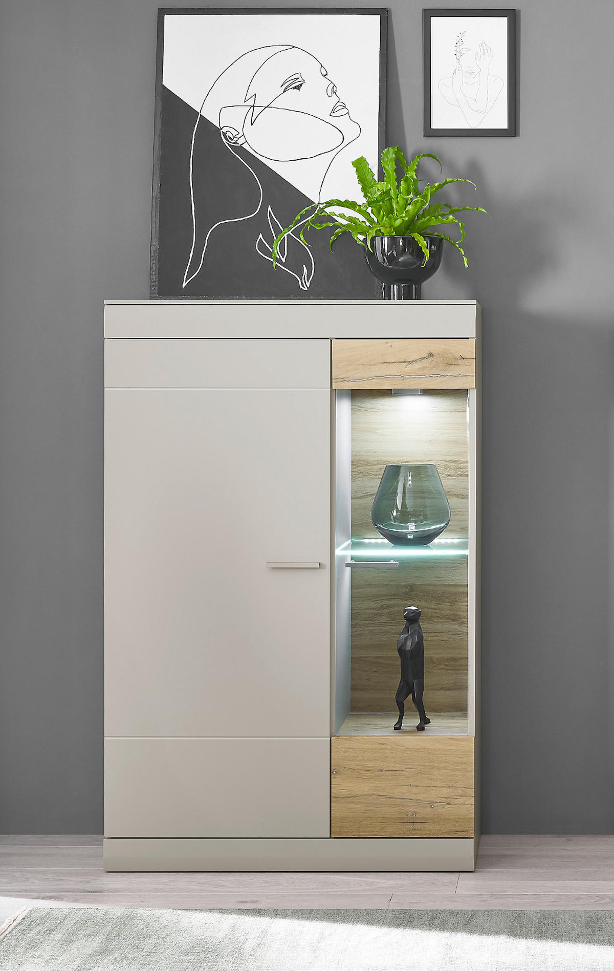 VITRINE grau matt, Zinneiche 90 cm, Highboard mit Soft-Close-Funktion - Eichefarben/Silberfarben, Glas/Holzwerkstoff (90/139/35cm) - Furn.Design