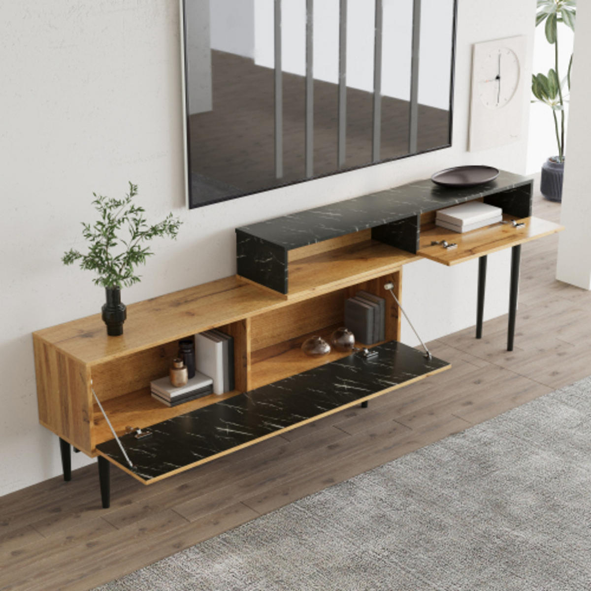 LOWBOARD Naturholzoptik aus MDF mit stabilen Eisenbeinen 129×30×58 cm - Naturfarben, Holzwerkstoff (129/58/30cm) - Luhomfu