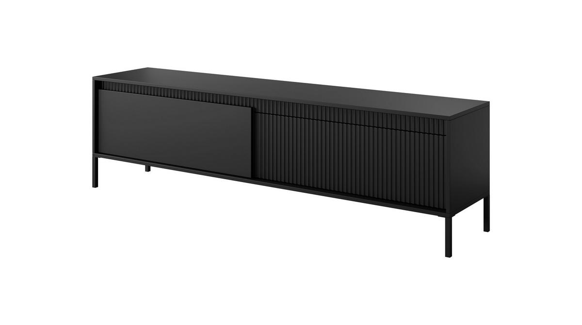 TV LOWBOARD SENSO, Geriffelte MDF-Fronten, Push-to-Open, Metallbeine, 40x188x54 cm, Schwarz - Schwarz, Holz/Holzwerkstoff (188/54/40cm) - DomoHome