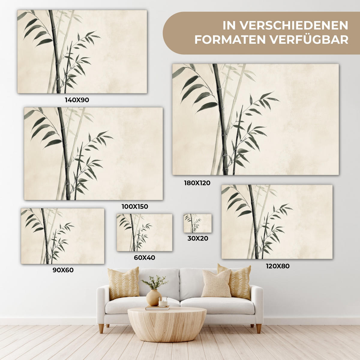 LEINWANDBILD Japandi - Bambus - Beige XXL 150x100 cm - Eukalyptusholzfarben, Textil (150/100cm) - MuchoWow