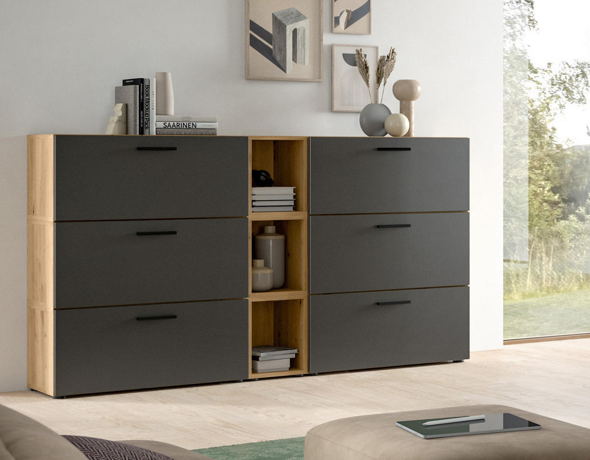 SIDEBOARD grau, Eiche Artisan 176 cm, Kommode mit Soft-Close - Schwarz/Eiche Artisan, Holzwerkstoff/Kunststoff (176/99/34cm) - Inn.Furn