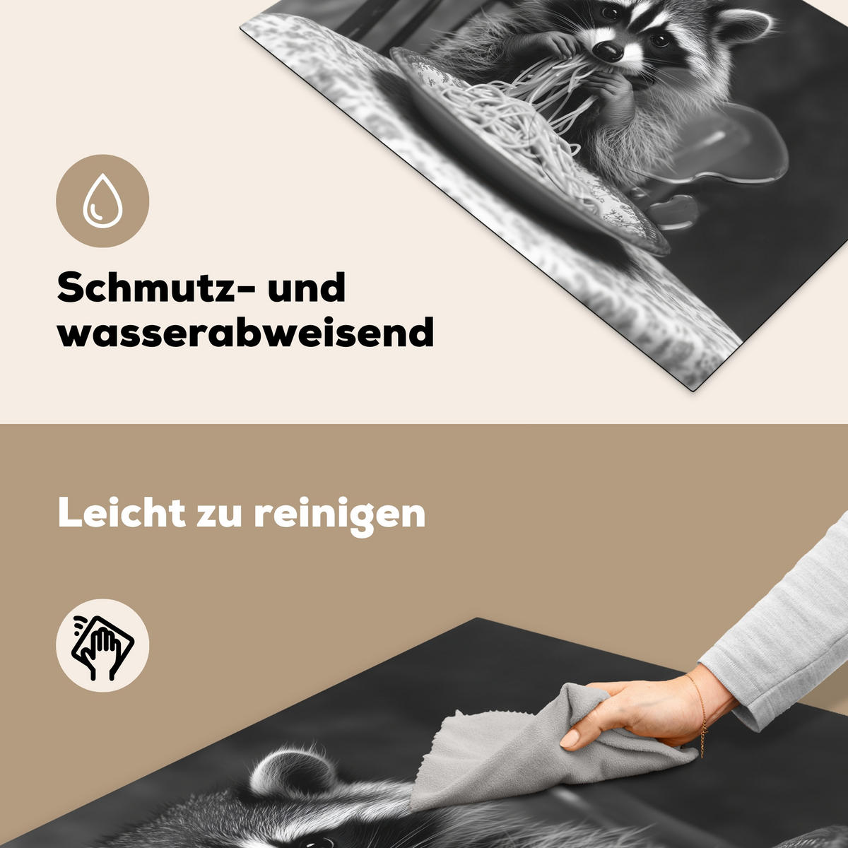 HERDABDECKPLATTE Waschbär - Niedlich - Pasta - Tischtuch - Schwarz - Weiß Ceranfeldabdeckung 80x52 cm - Grau, Kunststoff (80/52/0.2cm) - MuchoWow