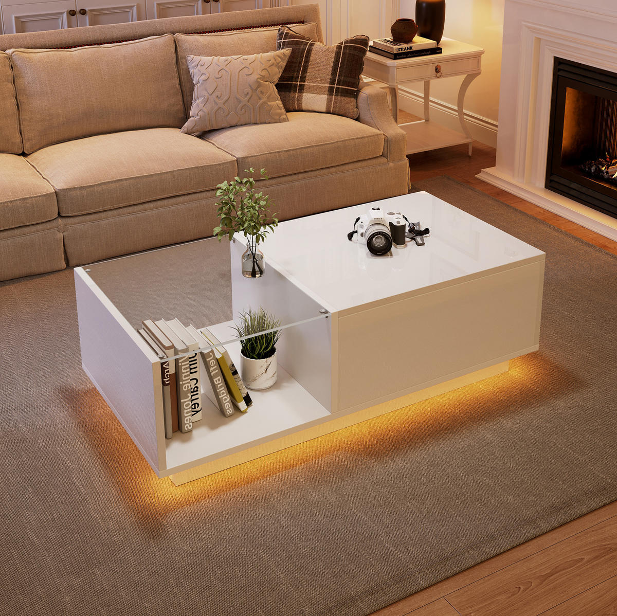 COUCHTISCH 100/50/33-46,5 cm in Weiß mit LED-Beleuchtung und Stauraum - Weiß, Holzwerkstoff (100/50/46.5cm) - Flora Grace