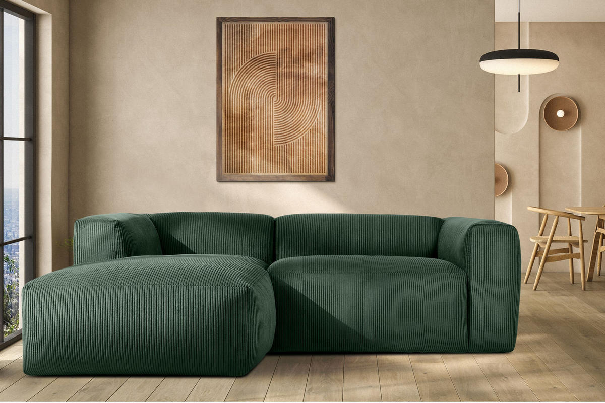 ECKMODULSOFA-LINKS BUFFO 3/4 Sitzer mit extrem weicher Sitzfläche, Kordstoff, dunkelgrün - Dunkelgrün, Textil (237/180cm) - KONSIMO®