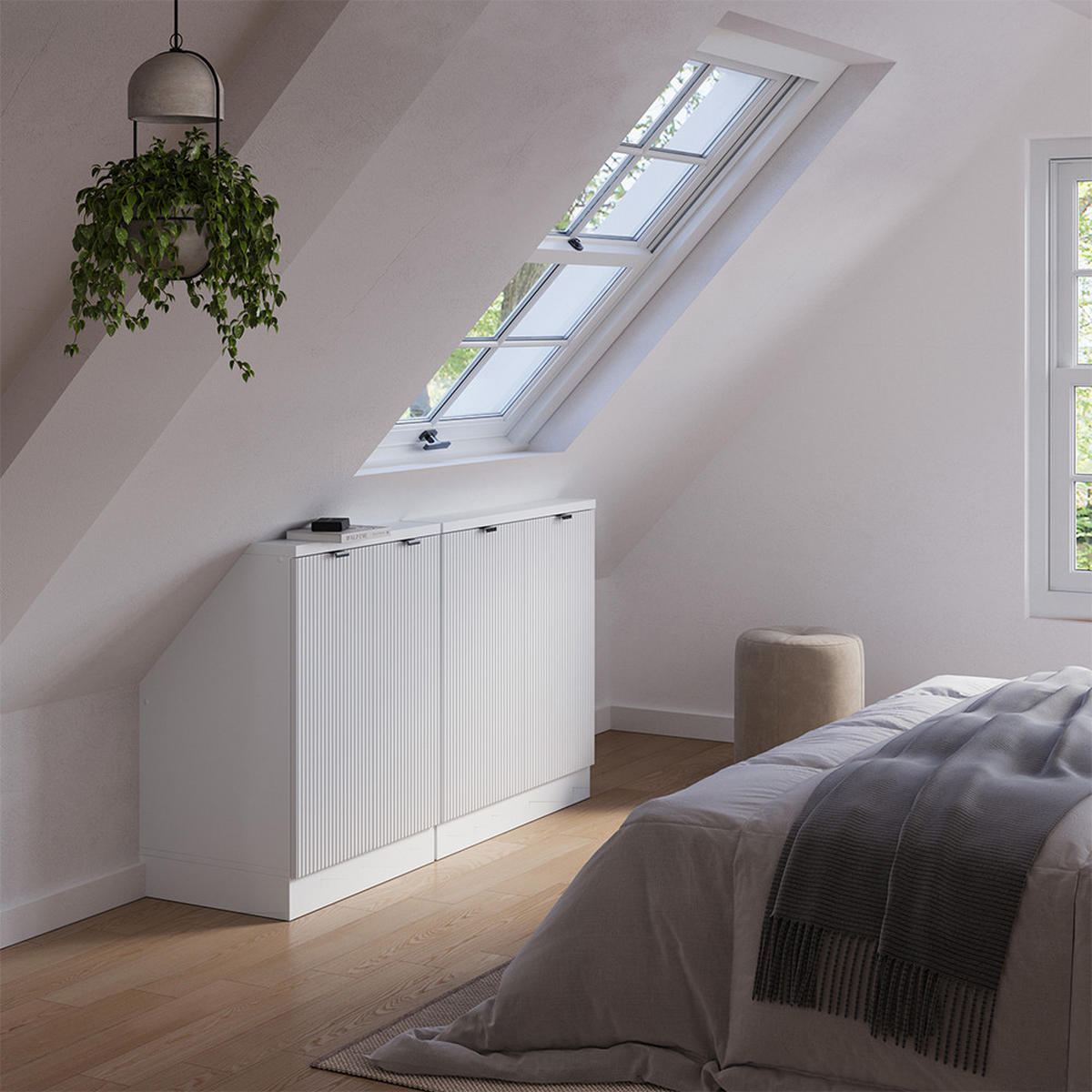 DACHSCHRÄGENSCHRANK-SET Rion Weiß Riffel 140 cm 2er Set - Weiß, Holzwerkstoff (140/81.6/46cm) - Vicco