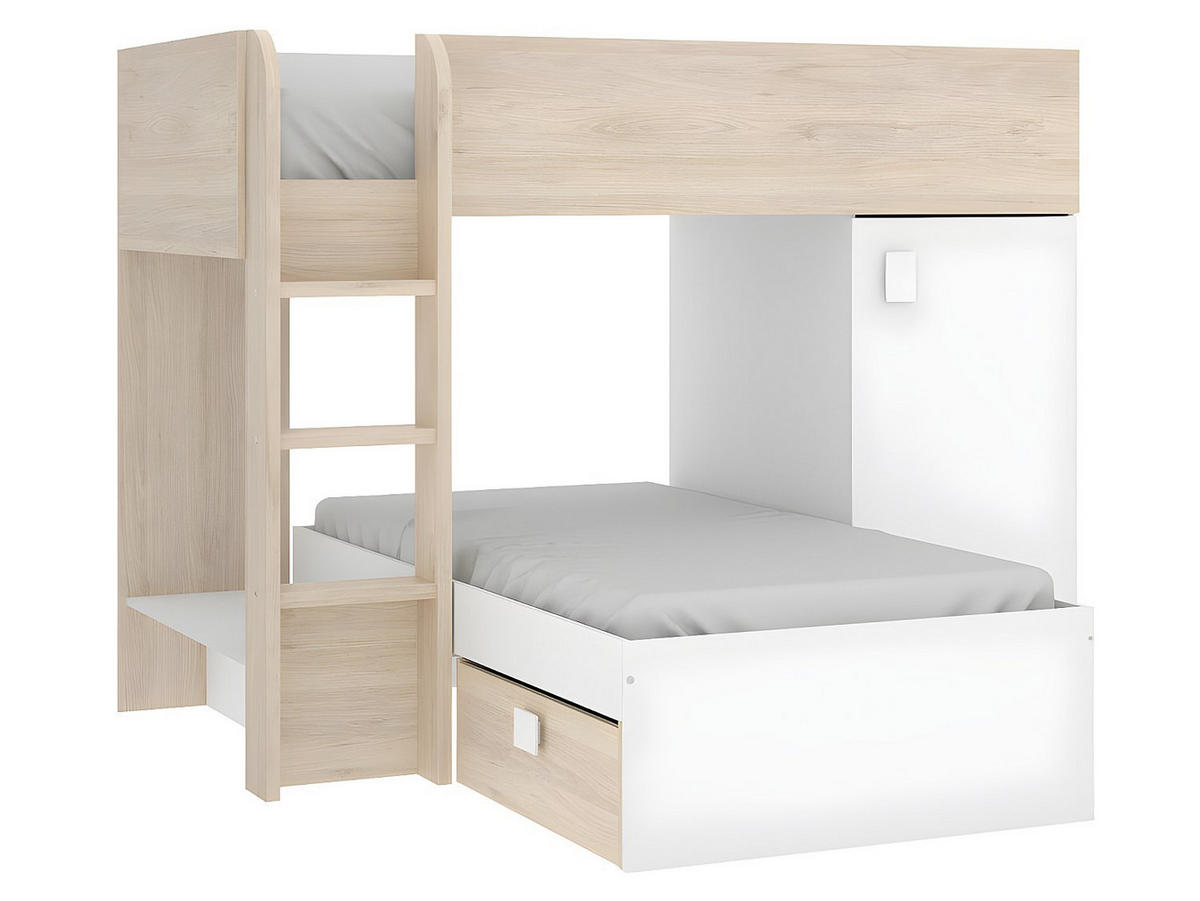 ECK-HOCHBETT modulierbar - 2 x 90 x 190 cm - mit Stauraum - Holzfarben & Weiß + Matratze - RICARDO - Naturfarben/Weiß, Holz (111/255cm) - Vente-Unique
