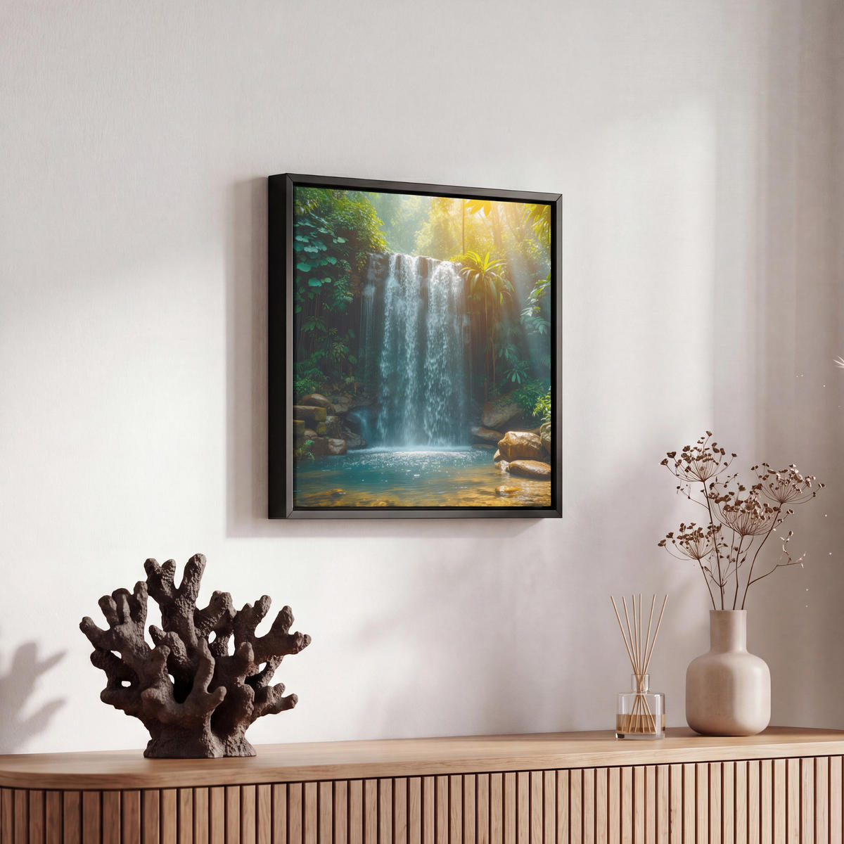 LEINWAND Bilder mit Rahmen - Wasserfall - Dschungel - Sonne - Grün - Natur - 20x20 - Grün, Textil (20/20cm) - MuchoWow