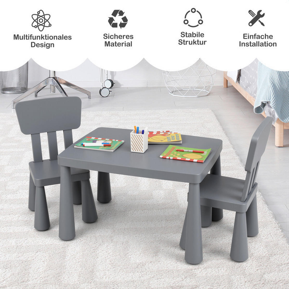 KINDERTISCH mit 2 Stühlen grau(3-tlg) - Grau, Kunststoff (76.5/49.5/54.5cm) - COSTWAY