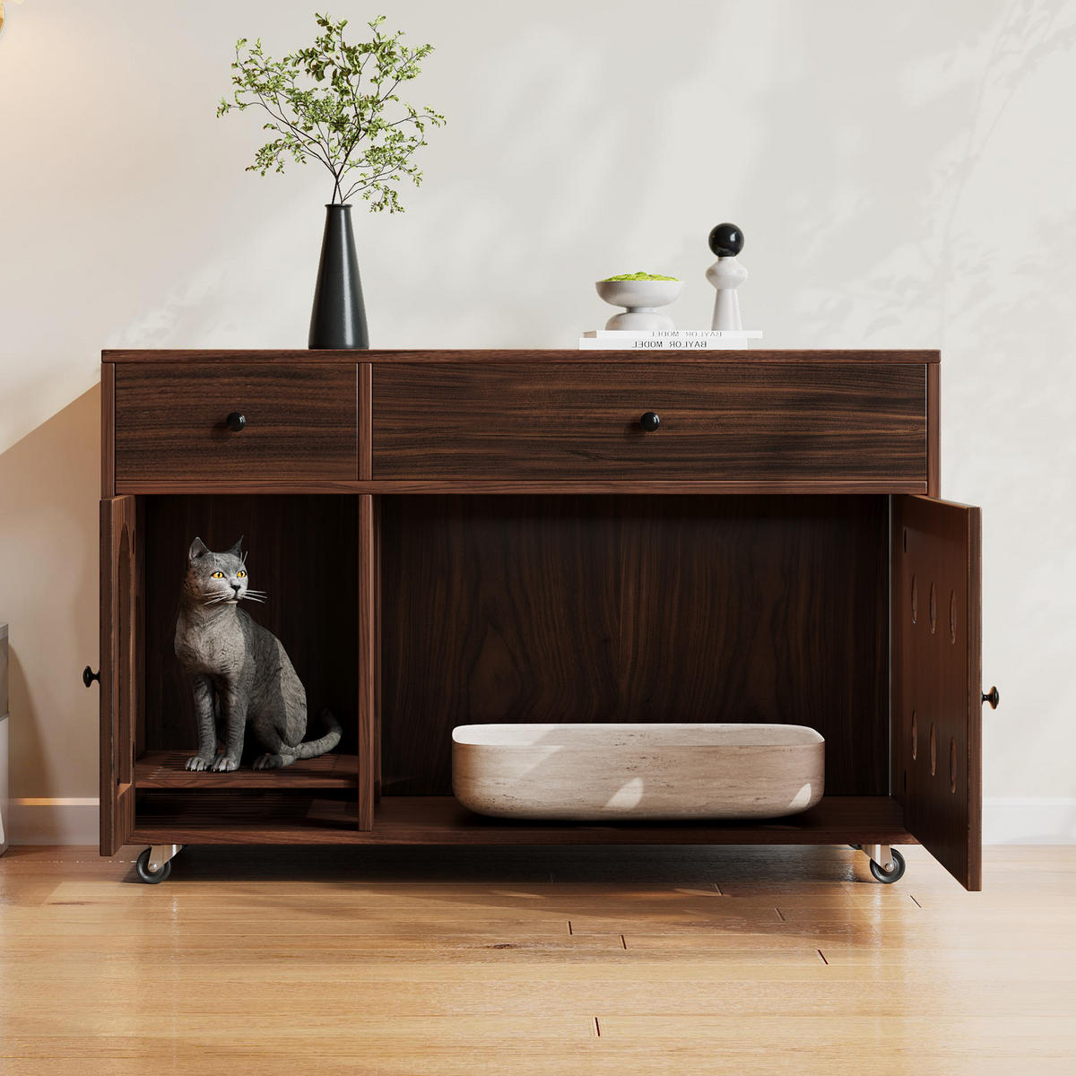 SIDEBOARD Katzenklo-Schrank im Sideboard Design, Lüftungslöcher und Stauraum Schubladen MDF Holzoptik - Walnussfarben, Holzwerkstoff/Metall (100/66/45cm) - EVRYAE