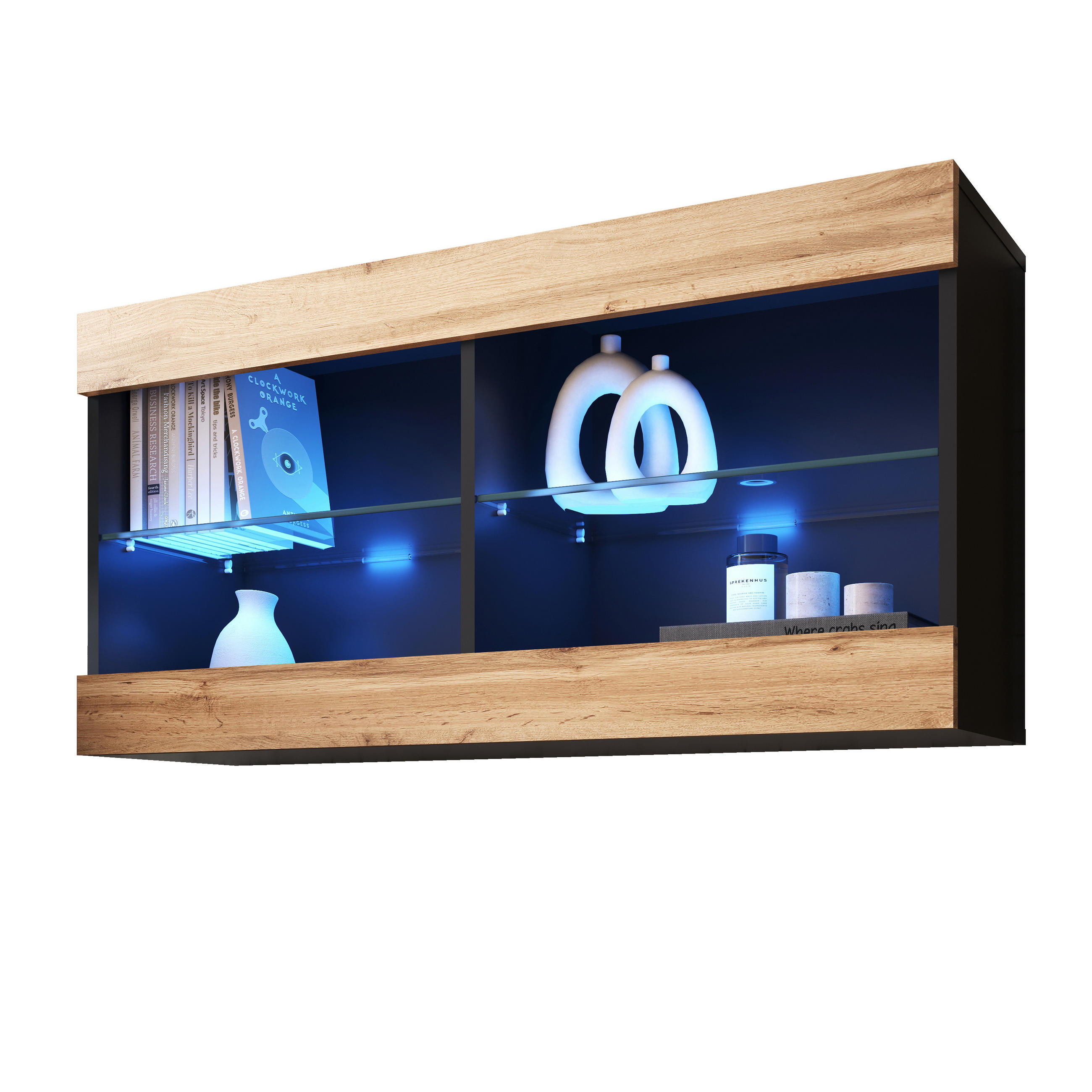 HÄNGEVITRINE TIVOLI HORIZONTAL 100, Wotan, LED Blau - Eiche Wotan/Schwarz, Glas/Holzwerkstoff (100/50/29.5cm) - Komodee