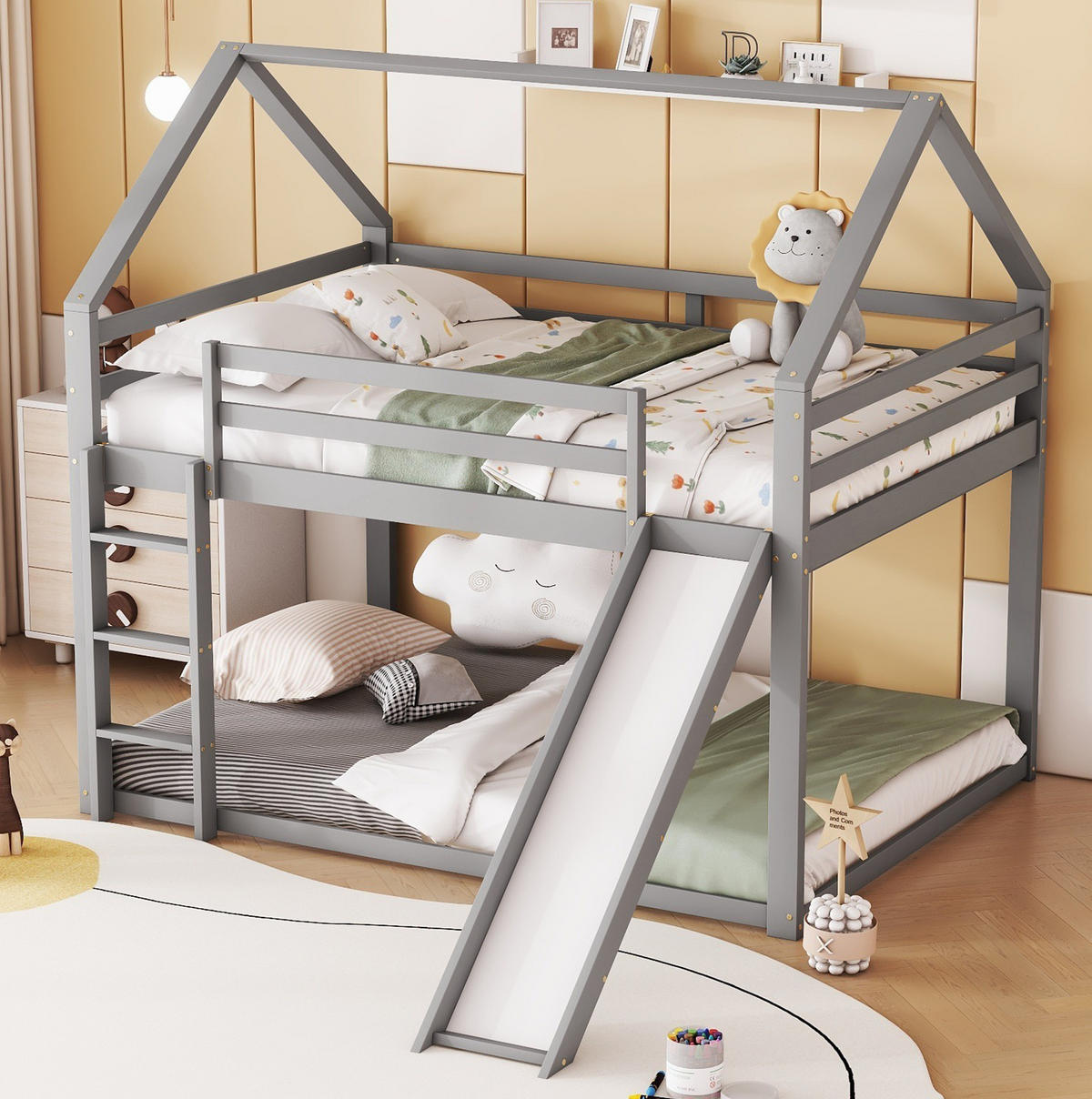 ETAGENBETT 140/200 cm mit Rutsche, Leiter und Hausdesign aus Kiefer , Grau - Grau, Holzwerkstoff (140/200cm) - Redom