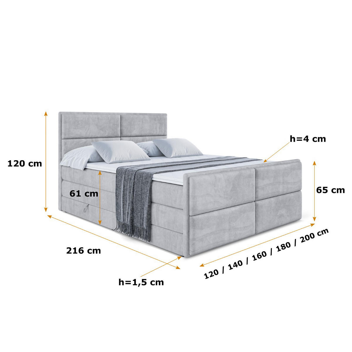 BOXSPRINGBETT AURA-Z KING - 180 x 200 - H3/H4 - Hellgrau - Hellgrau, Holzwerkstoff (180/200cm) - ALTDECOR
