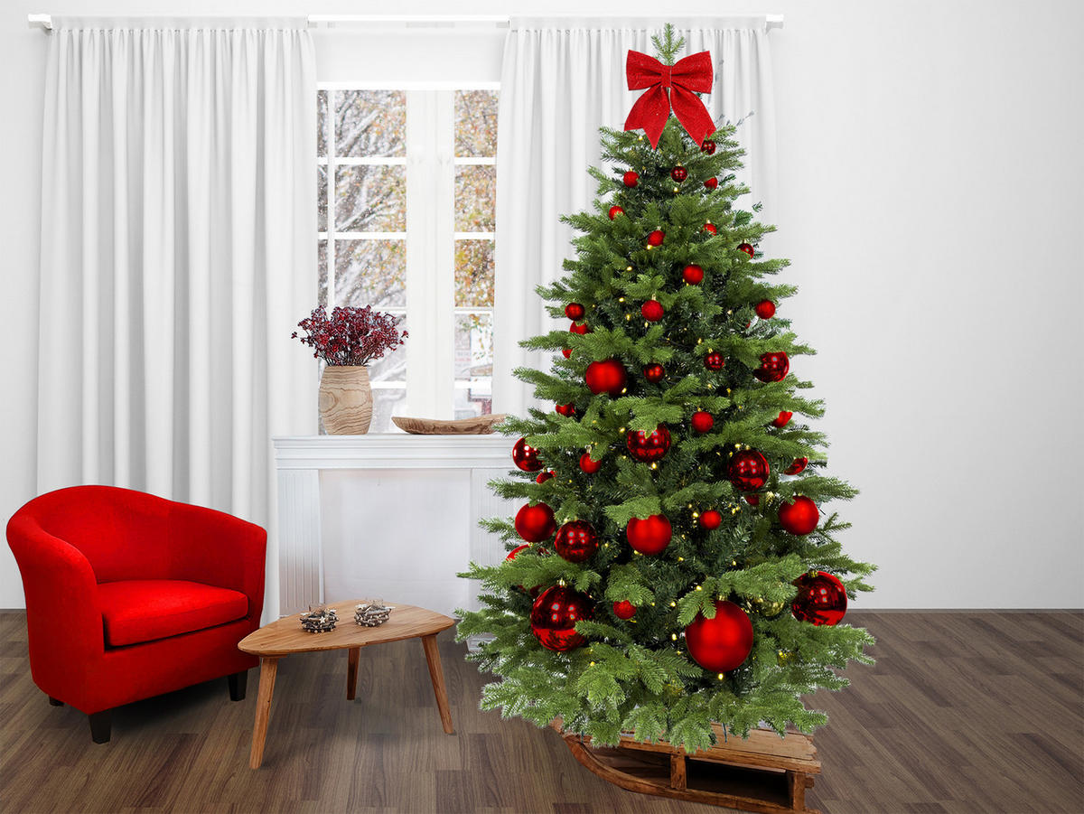 WEIHNACHTSBAUM geschmückt künstlich mit 73 Ornamenten RED CHRISTMAS II 180 cm Baum mit Ständer und Weihnachtsornamenten - Rot/Grün, Kunststoff (180cm) - LAALU