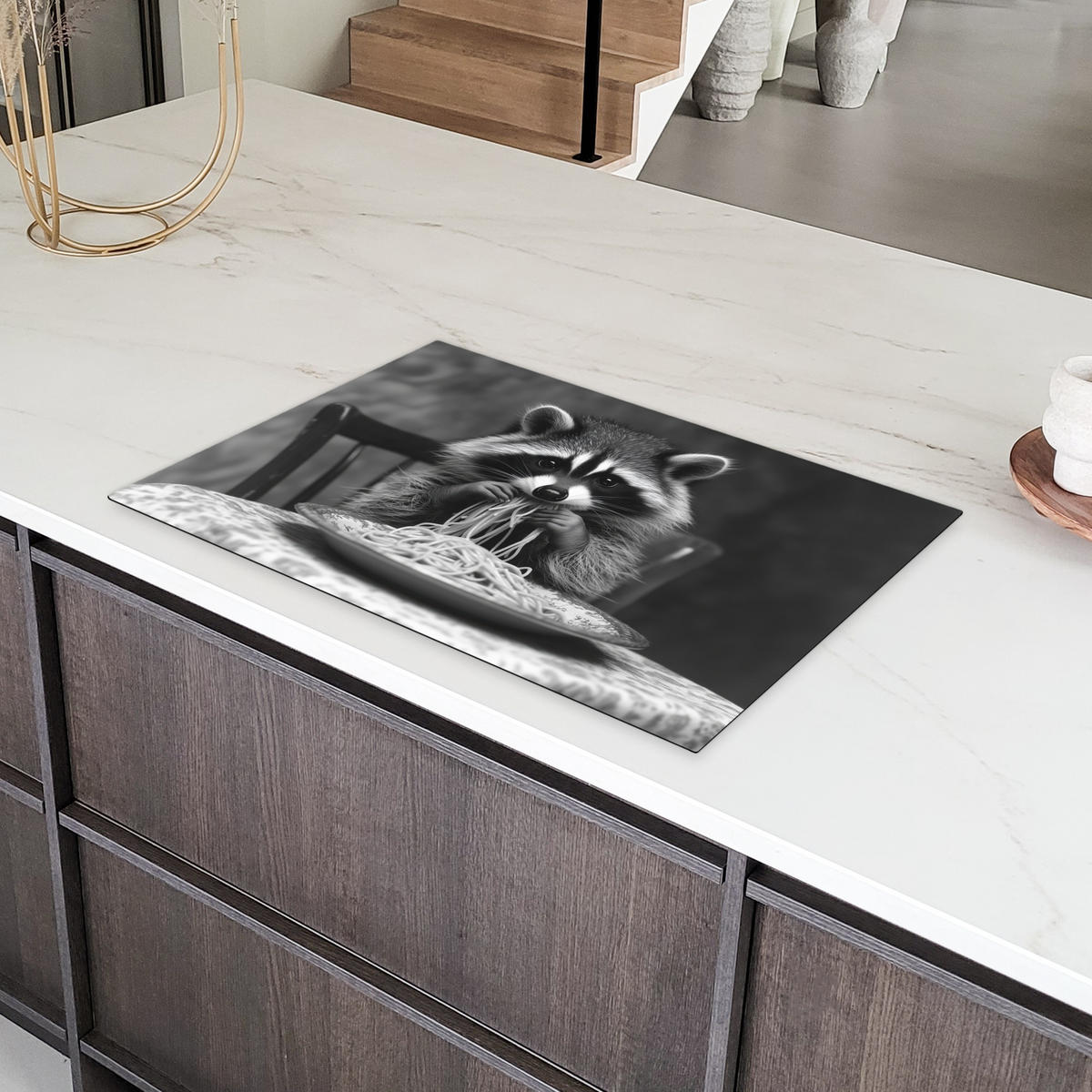 HERDABDECKPLATTE Waschbär - Niedlich - Pasta - Tischtuch - Schwarz - Weiß Induktionsmatte 81x52 cm - Grau, Kunststoff (81/52/0.2cm) - MuchoWow