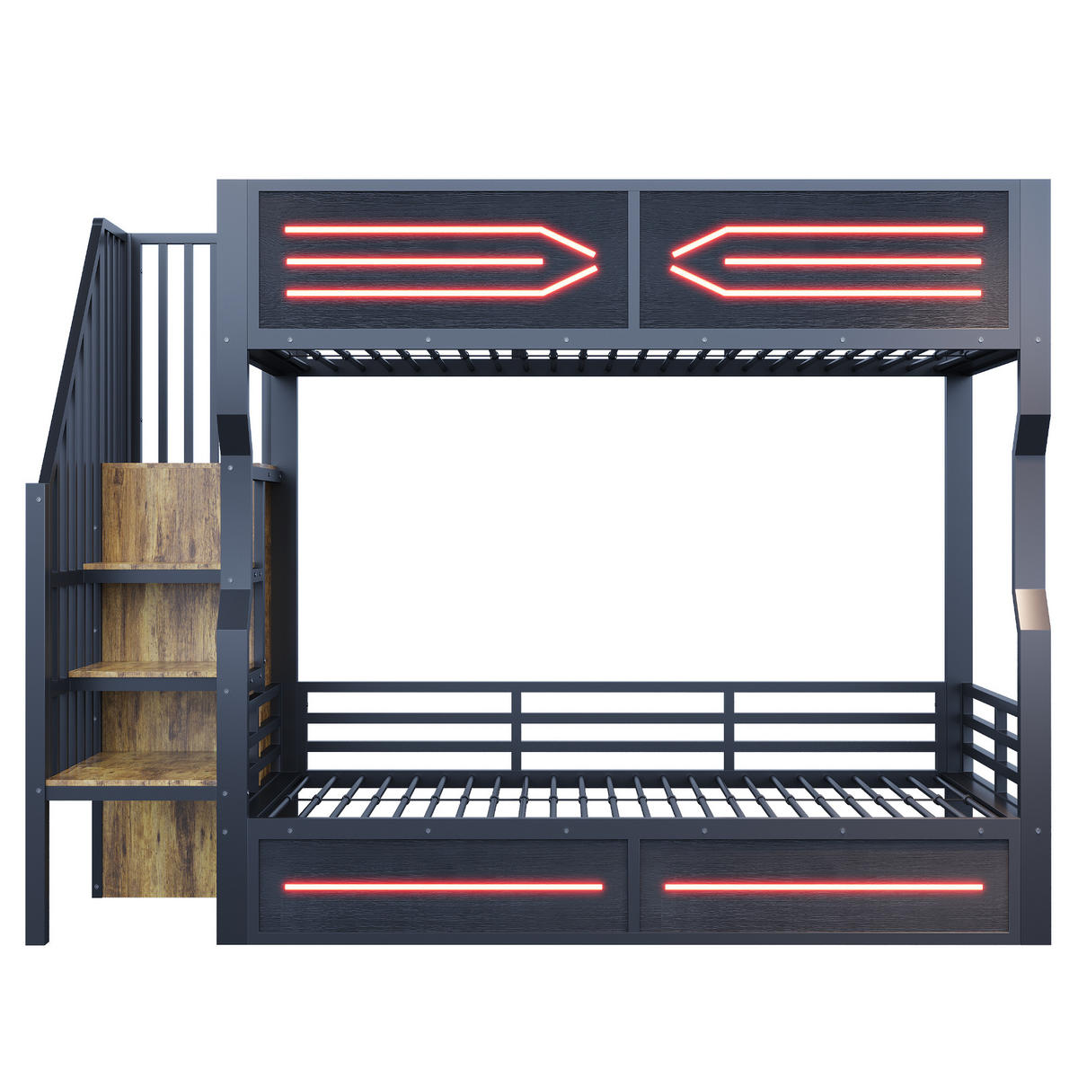 HOCHBETT 90/200 cm aus Metall und MDF mit LED-Beleuchtung, Stauraumtreppe und Sicherheitsgitter, Schwarz - Schwarz, Metall (90/200cm) - Redom