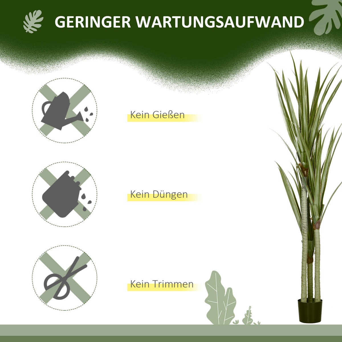 KUNSTPFLANZE Yucca 17/17/190 cm - Smaragdgrün/Schwarz, Holz/Kunststoff (190cm) - HOMCOM