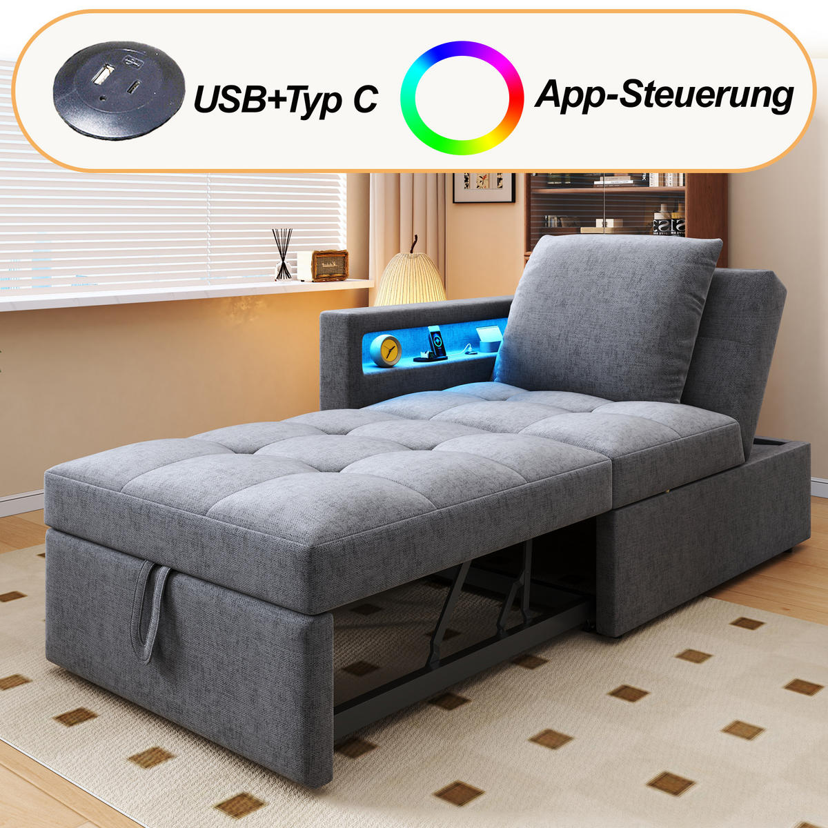 SCHLAFSOFA 3-in-1 Leinenstoff mit USB-Anschluss und LED Hellgrau 177/68/65 cm - Hellgrau, Textil (68/65/177cm) - Redom