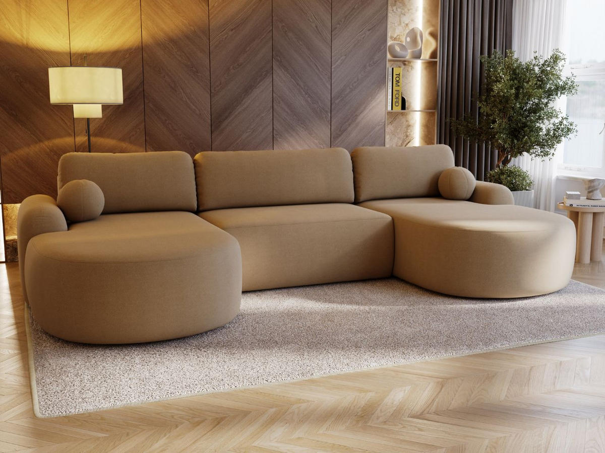 ECKSOFA Aurio U Bouclé-Stoff Hellbraun - Hellbraun/Schwarz, Kunststoff/Textil (347/177cm) - Graingold