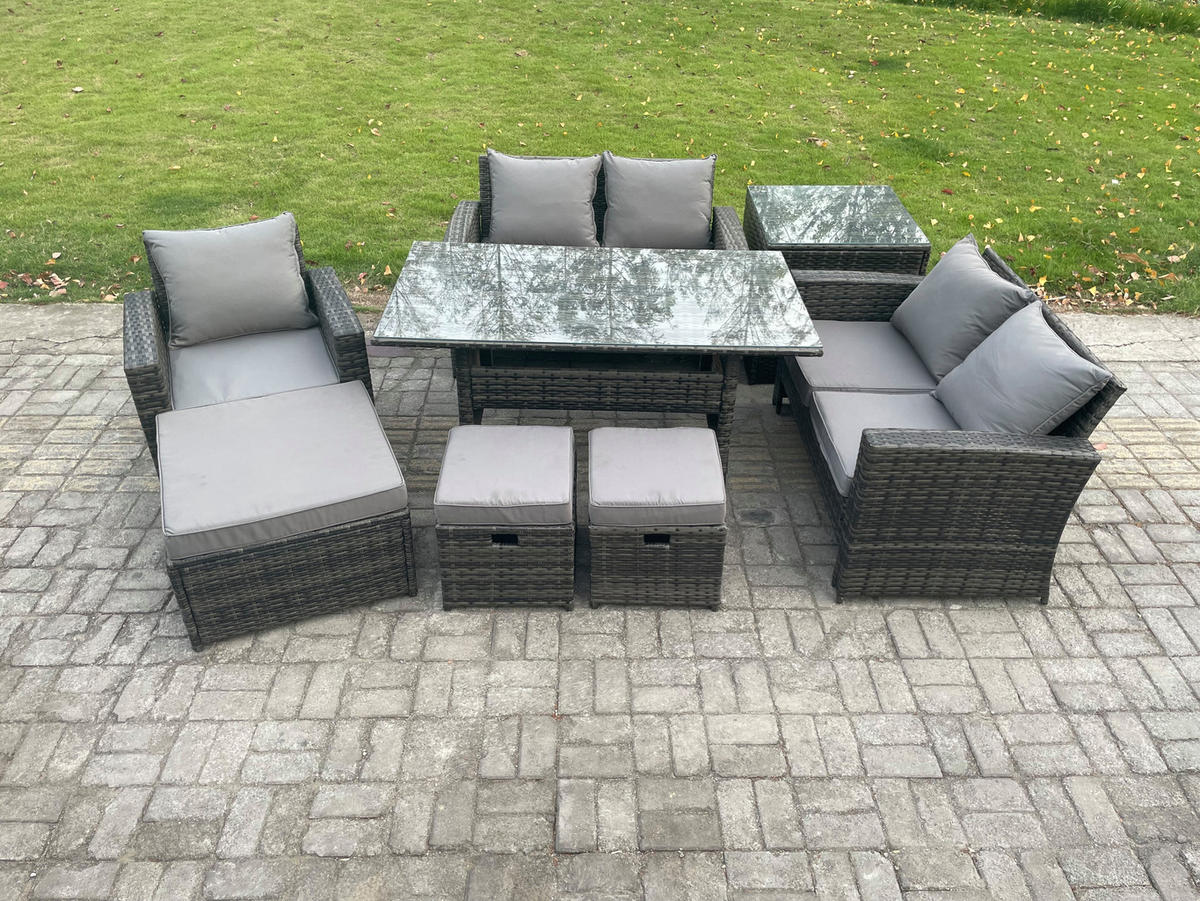 BALKONMÖBEL-SETS mit 2-Sitzer Sofa,3 Hockern,Esstisch,Beistelltisch Polyrattan Dunkelgrau 8-Sitzer - Dunkelgrau/Grau, Glas/Kunststoff - Fimous