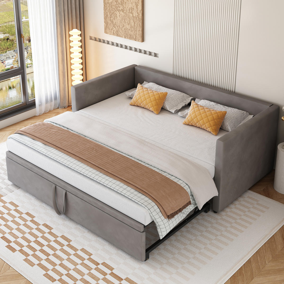 POLSTERBETT 90/200 cm aus Samt mit ausziehbarem Bettkasten und Lattenrost Grau - Grau, Textil (90/200cm) - Modenvie