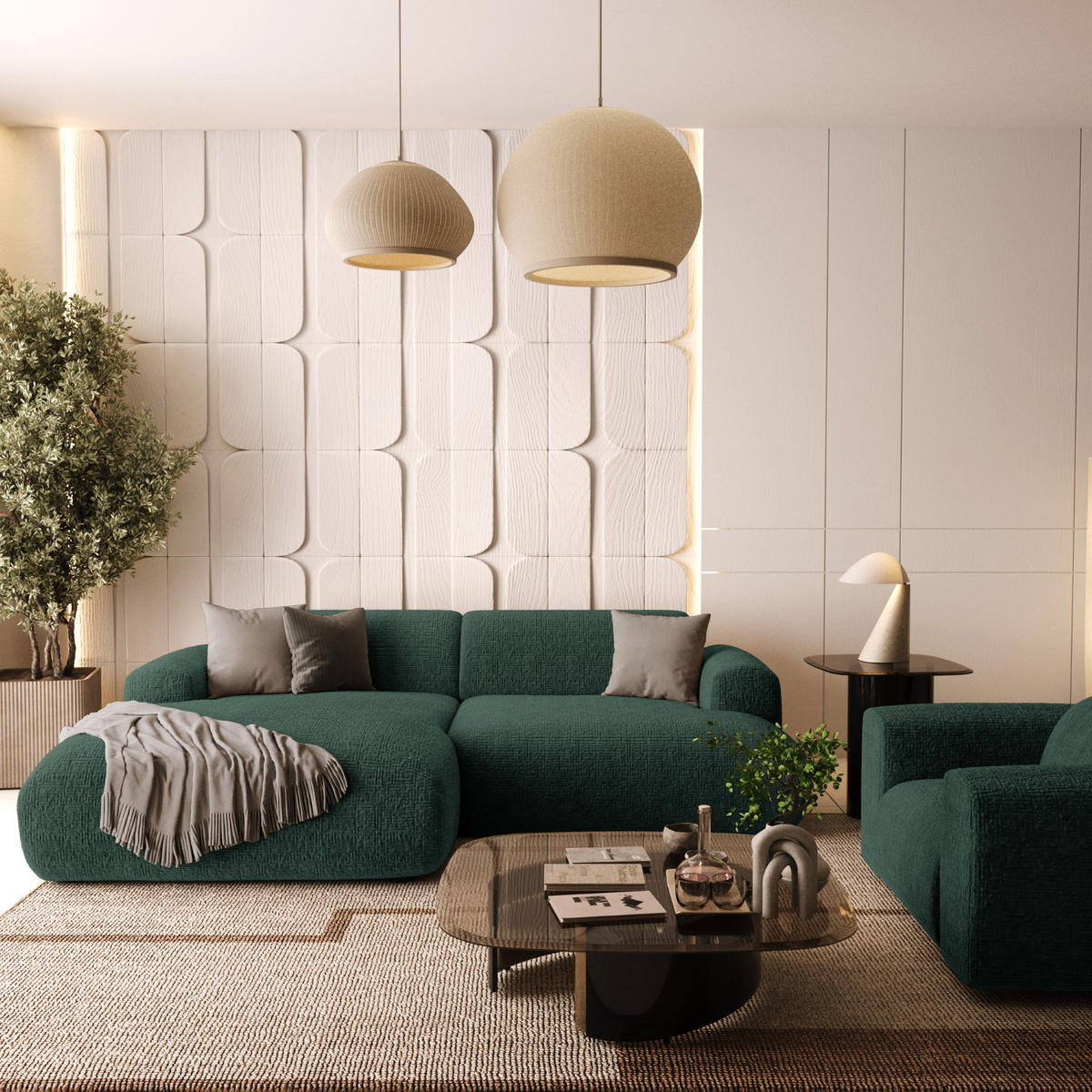 ECKSOFA LINKS Gemusterter Samt Smaragdgrün 266cm - Smaragdgrün, Textil (165/266cm) - Sia Home